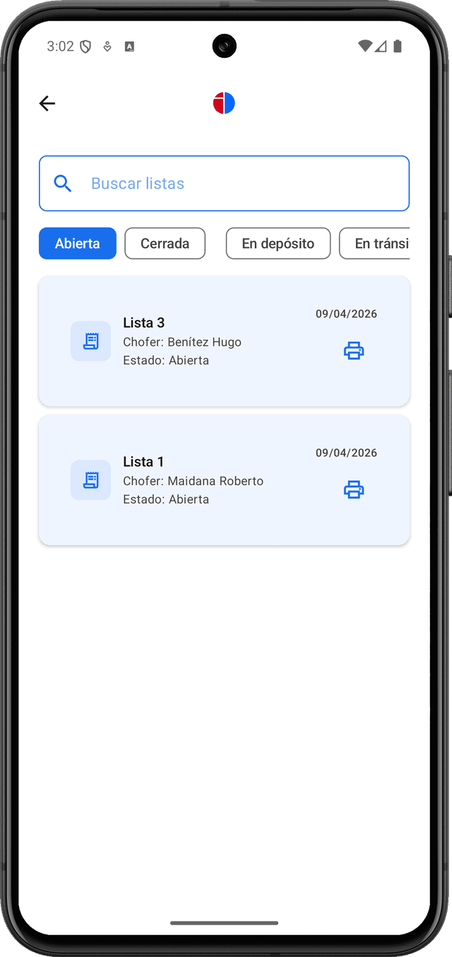 Pantalla de historial de repartos en la app