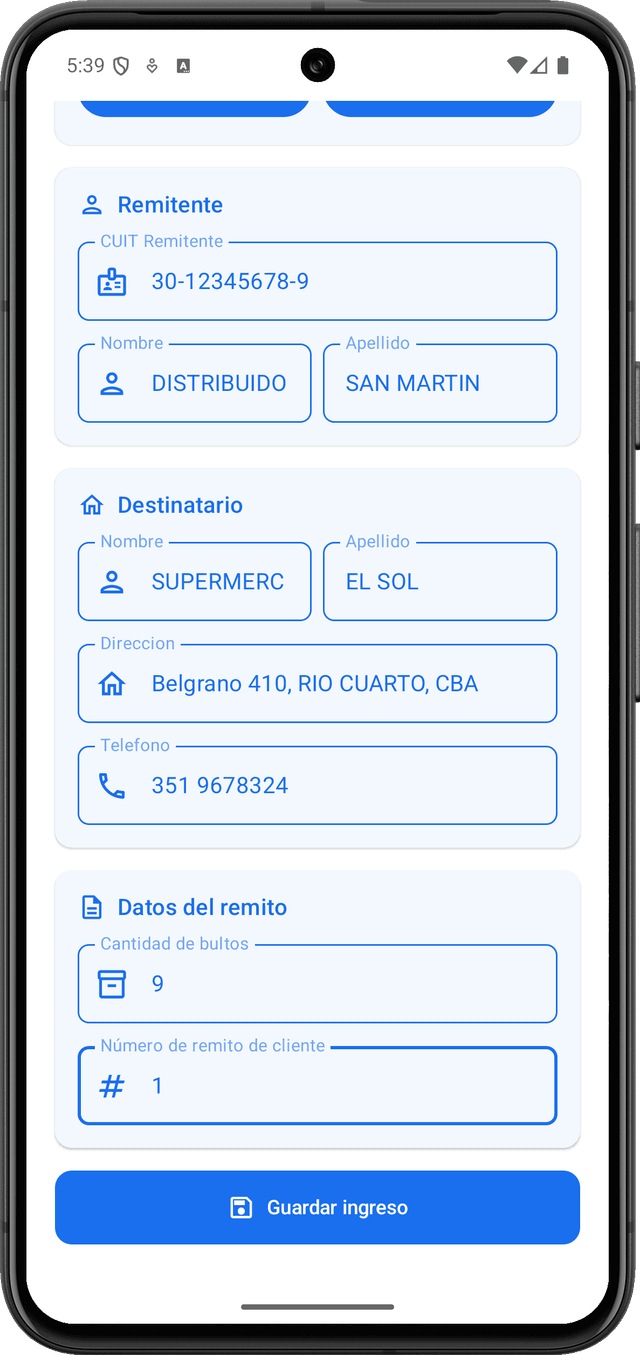 Pantalla de guardado y validación del formulario